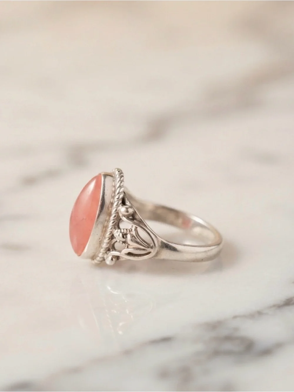 Sterling Silver Marquise Pink Jade Ring